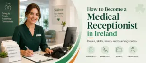 How to Become a Medical Receptionist in Ireland | The Career Academy Ireland Medical receptionist at a clinic desk in Ireland with text about duties, skills, salary and training routes | The Career Academy Ireland